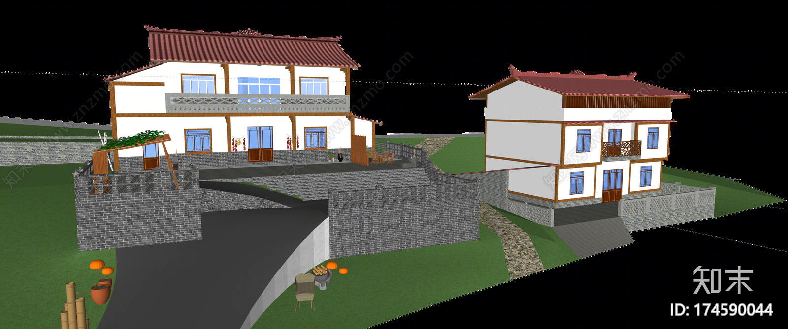 中式风格乡村民房SU模型下载【ID:174590044】