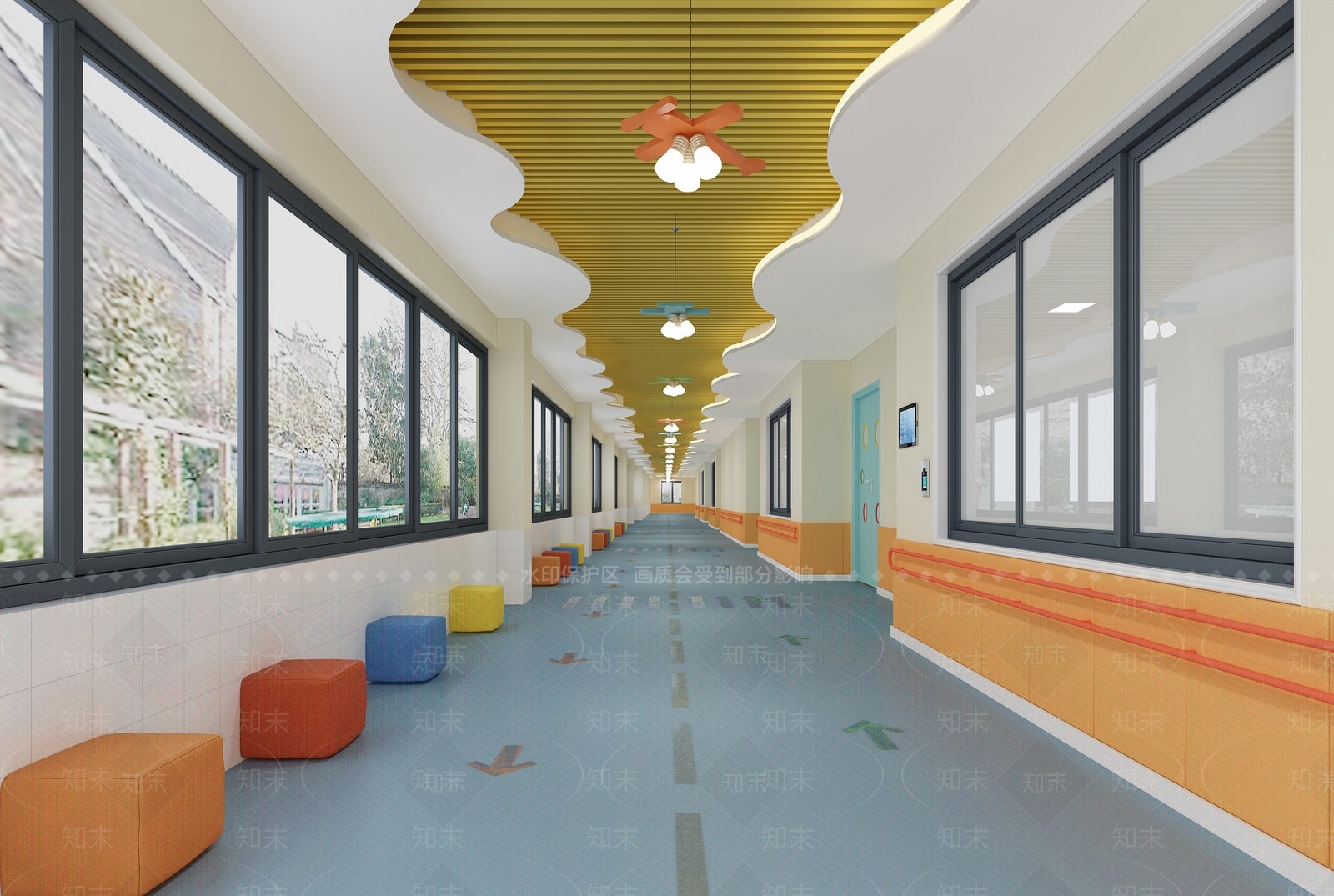 现代幼儿园走道走廊3D模型下载【ID:374624976】