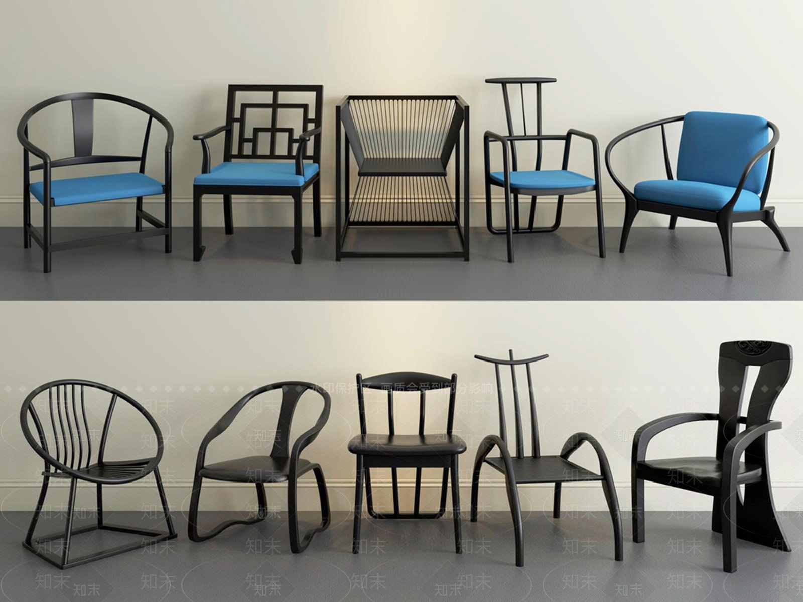 新中式实木单椅组合3D模型下载【ID:374630585】