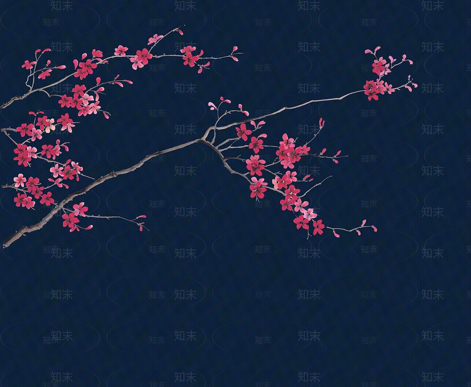 新中式壁画深红蓝秋风红叶壁纸挂画贴图下载【ID:374866978】