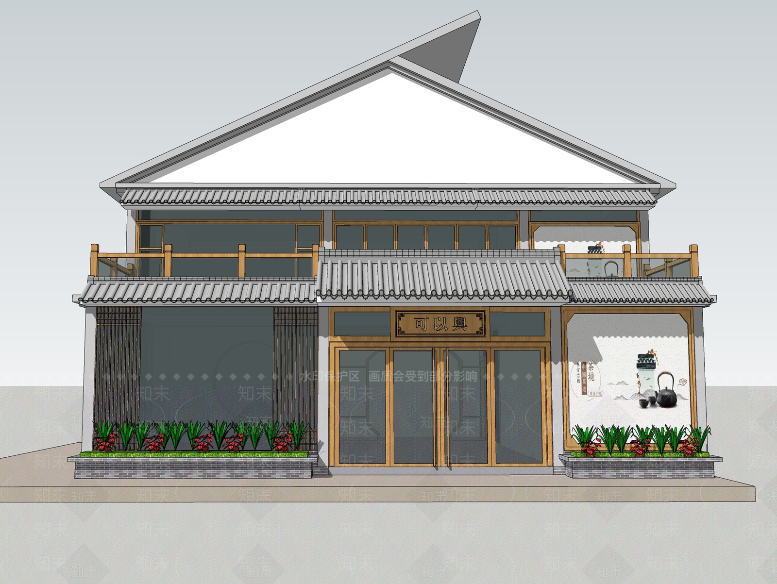 新中式茶楼外观SU模型下载【ID:974963399】