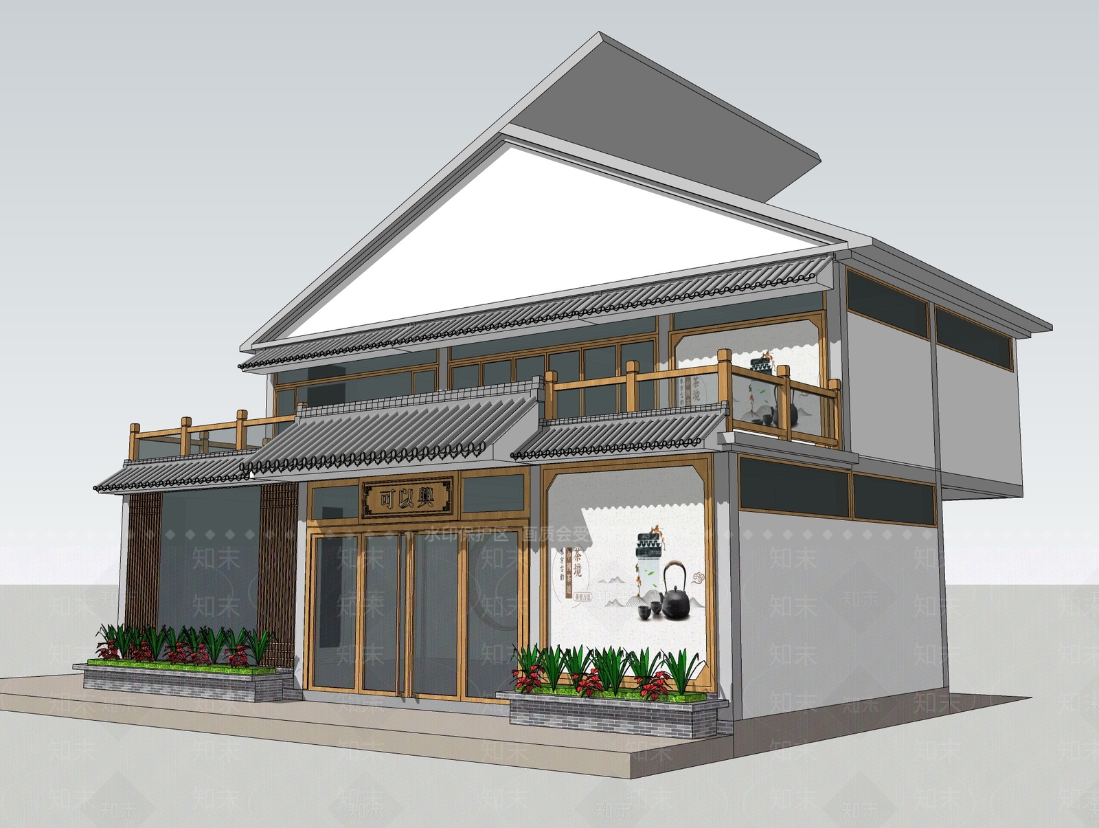 新中式茶楼外观SU模型下载【ID:974963399】