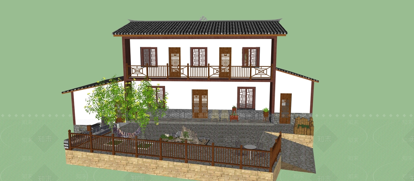 中式风格乡村民房外观SU模型下载【ID:174968086】
