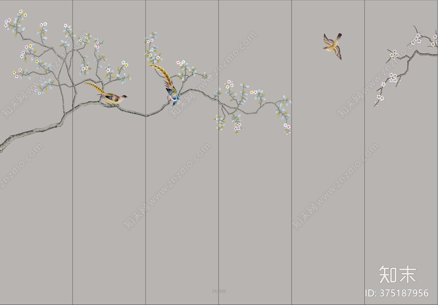 新中式花鸟壁画贴图下载【id:375187956】