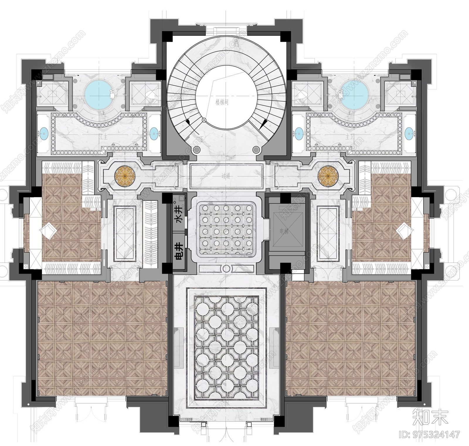 青岛万达1000M²独栋豪宅cad施工图下载【ID:975324147】