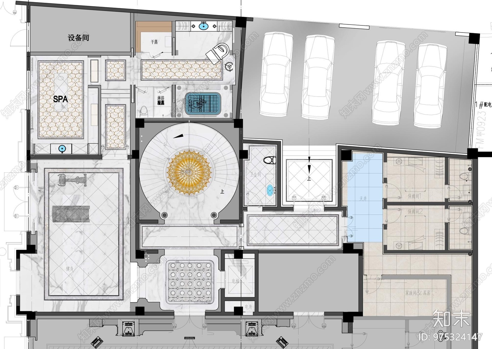 青岛万达1000M²独栋豪宅cad施工图下载【ID:975324147】