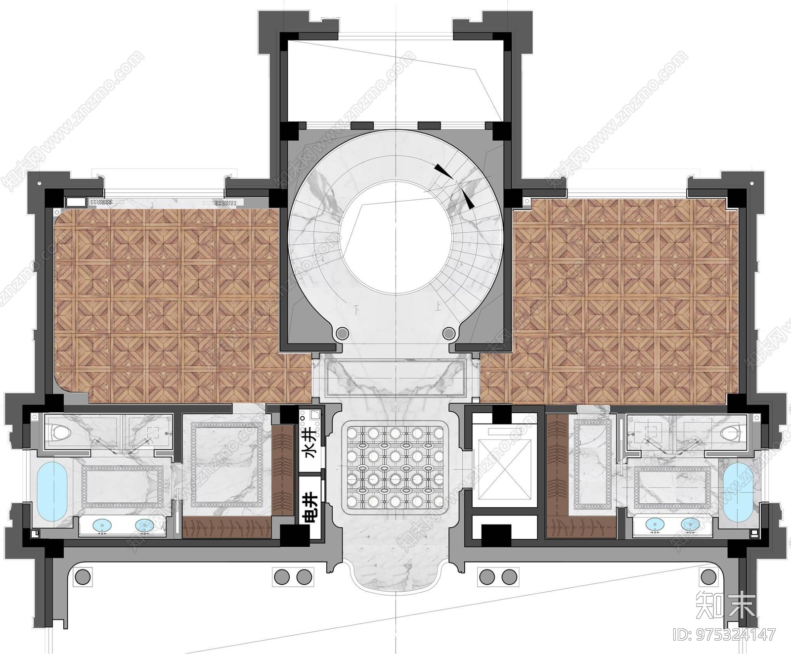 青岛万达1000M²独栋豪宅cad施工图下载【ID:975324147】