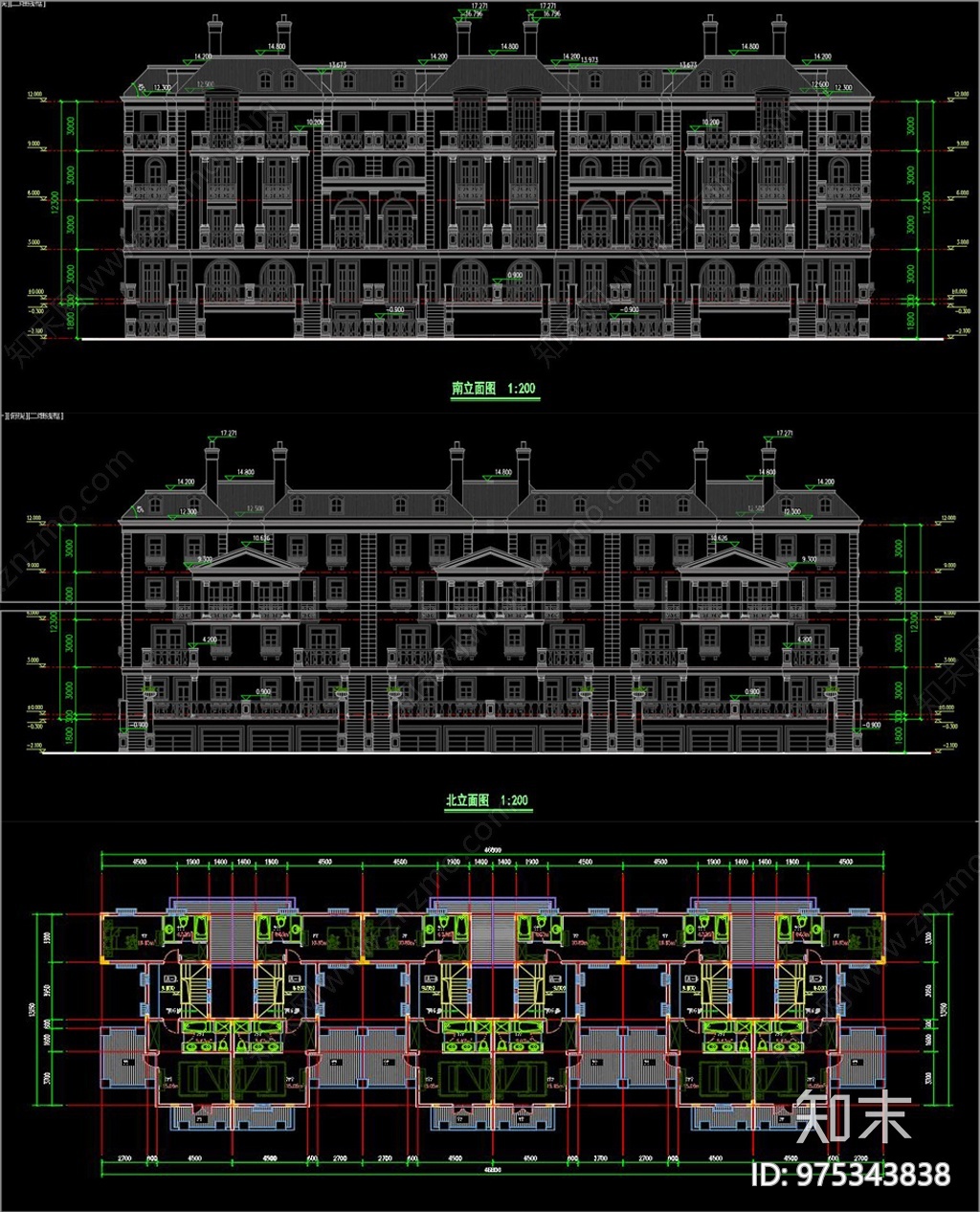 法式联排别墅CAD施工图下载【ID:975343838】