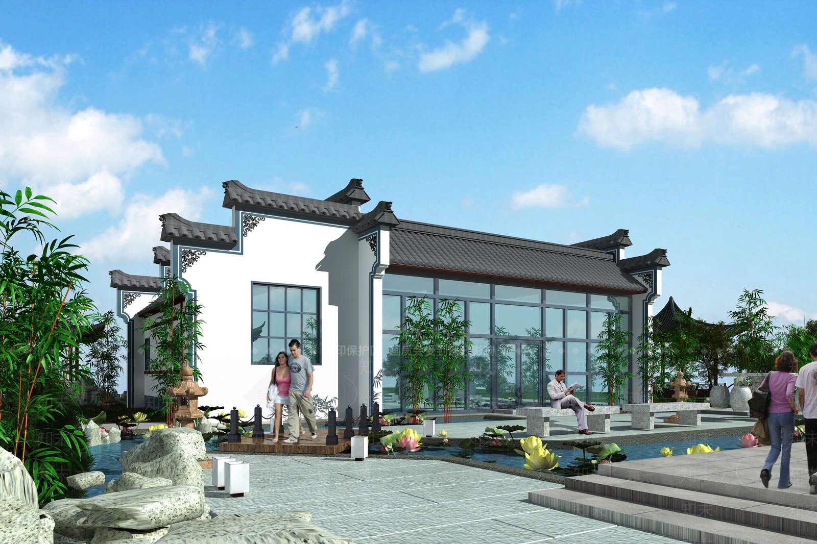 新中式徽派别墅外观3D模型下载【ID:577917624】