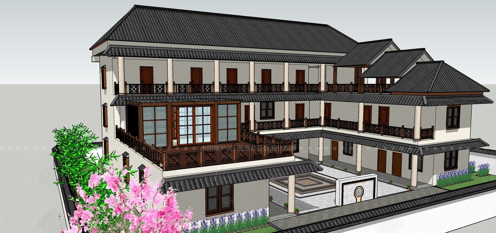 新中式四合院外观SU模型下载【ID:378029257】