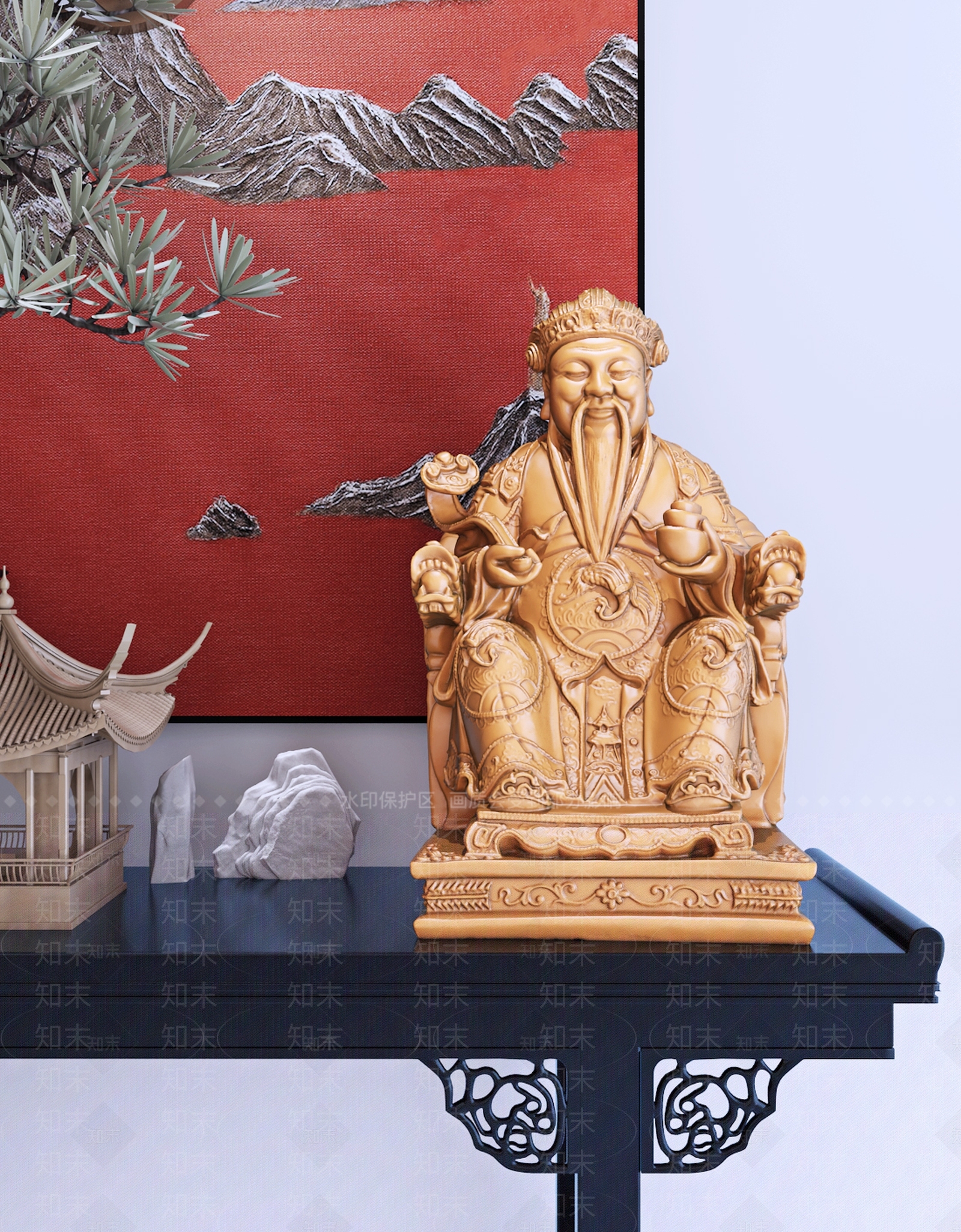 新中式财神坐像雕塑3D模型下载【ID:378346828】