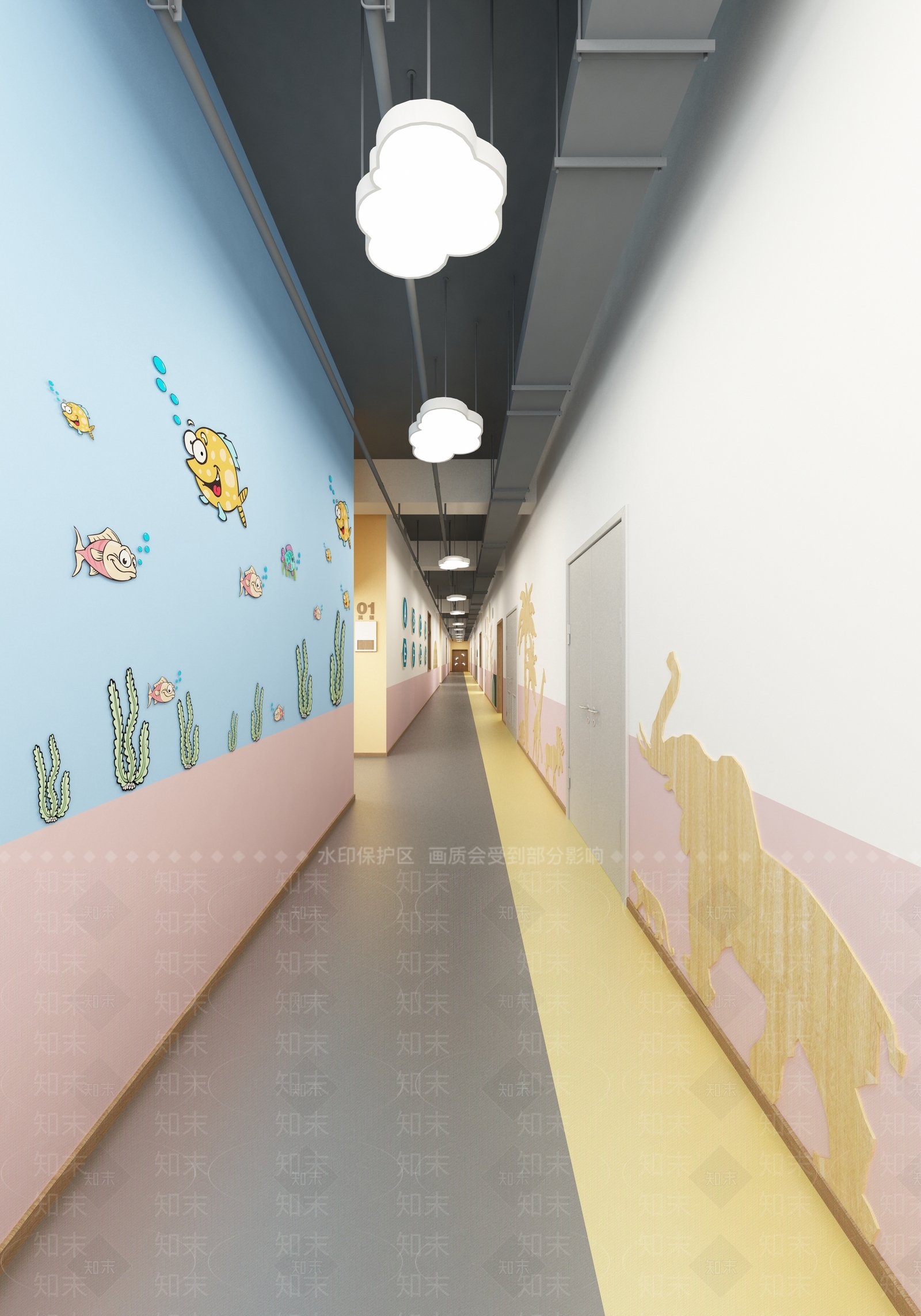 现代幼儿园走道3D模型下载【ID:378496998】