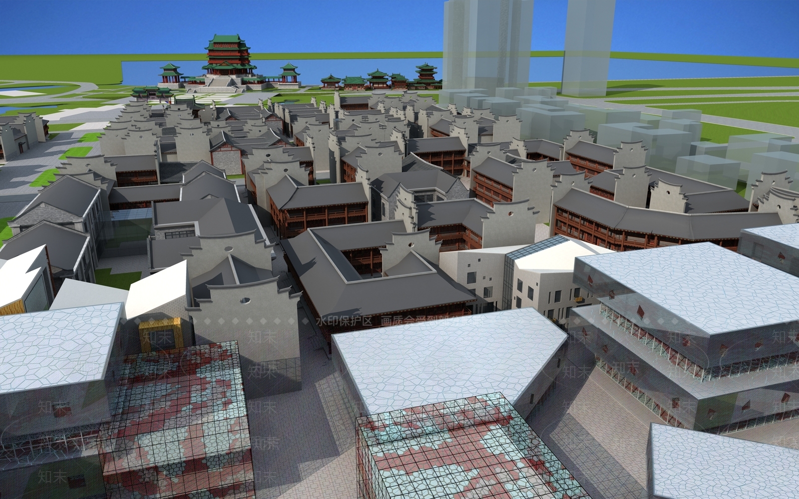 中式古建筑群鸟瞰3d模型下载