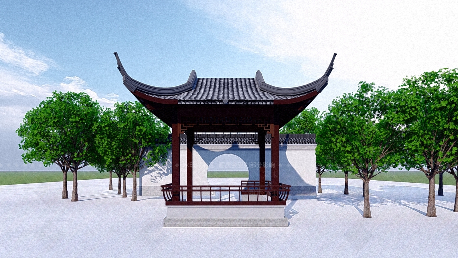 中式住宅景观SU模型下载【ID:578756408】