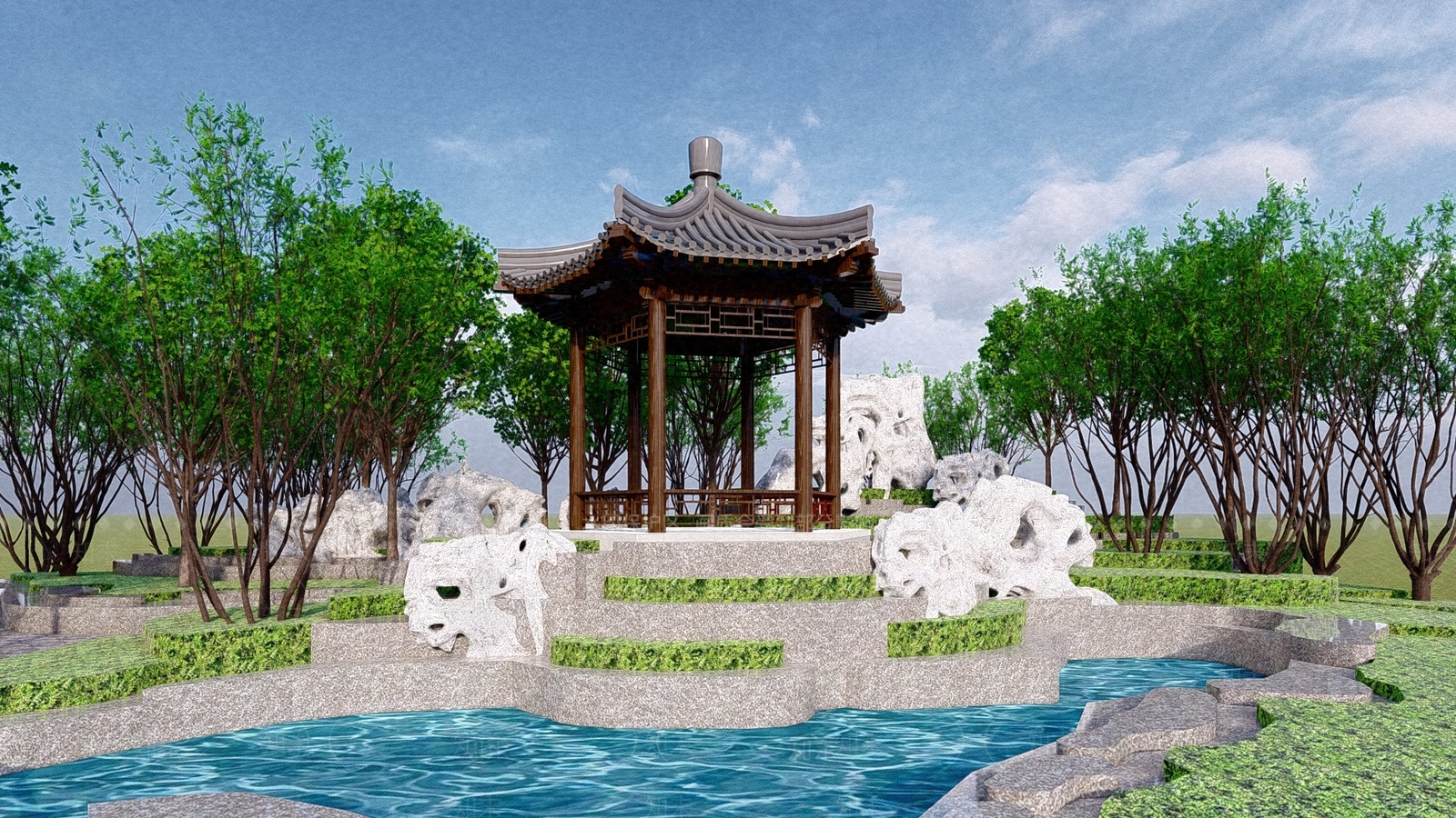 中式住宅景观SU模型下载【ID:578756470】