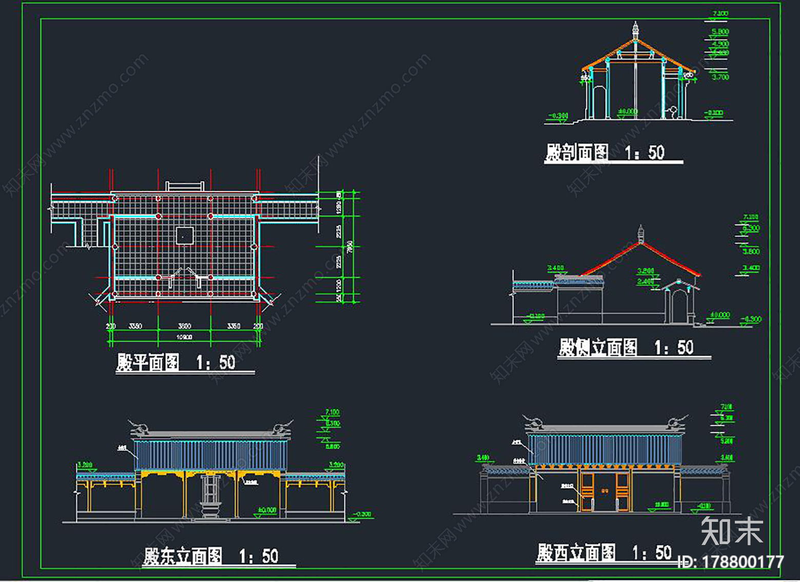 大殿平立剖面图施工图下载【ID:178800177】