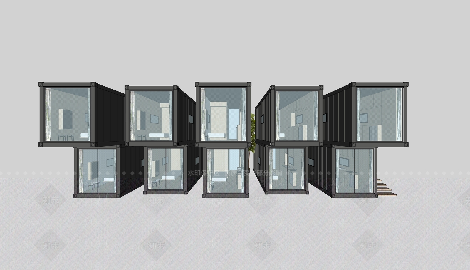 现代集装箱别墅外观SU模型下载【ID:278930347】