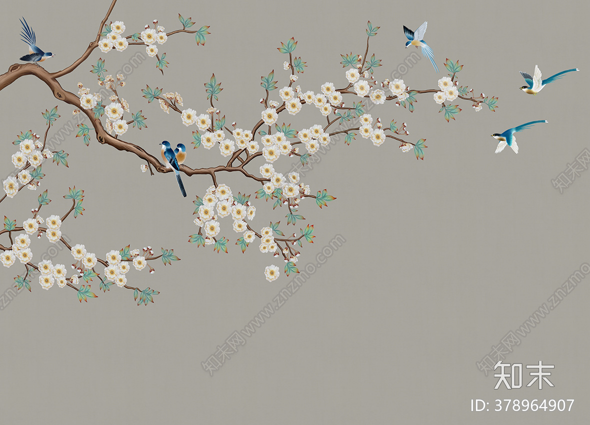 新中式花鸟壁画贴图下载