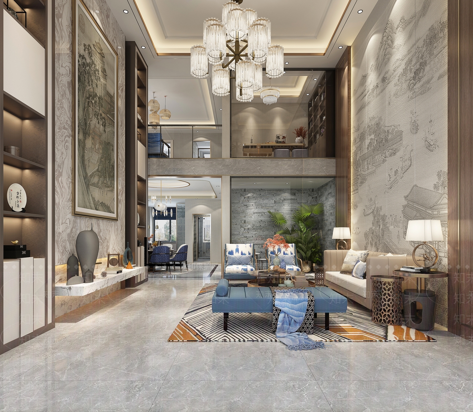 新中式复式客厅3D模型下载【ID:779045805】