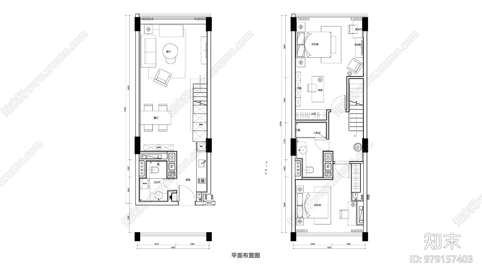 公寓复式样板间cad施工图下载【ID:979157403】