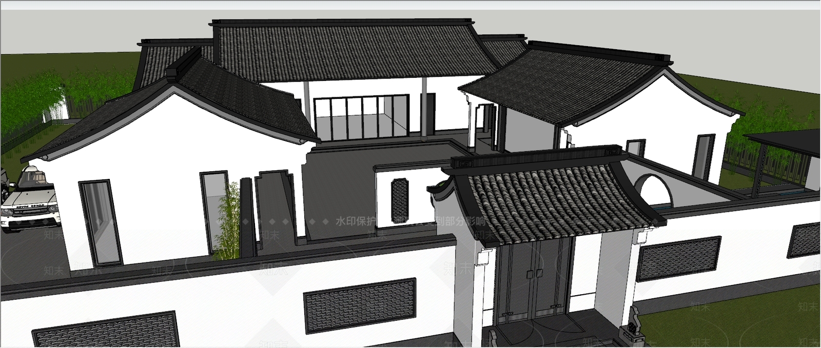 新中式四合院外观SU模型下载【ID:379600210】