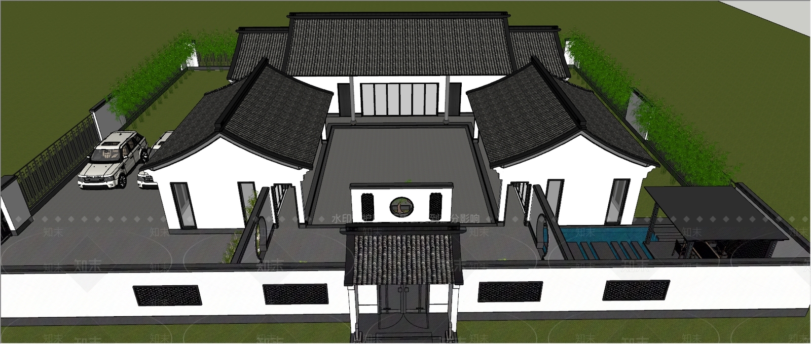 新中式四合院外观SU模型下载【ID:379600210】