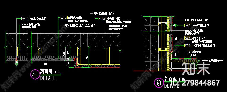 室内墙面布艺软包节点大样图施工图下载【ID:279844867】