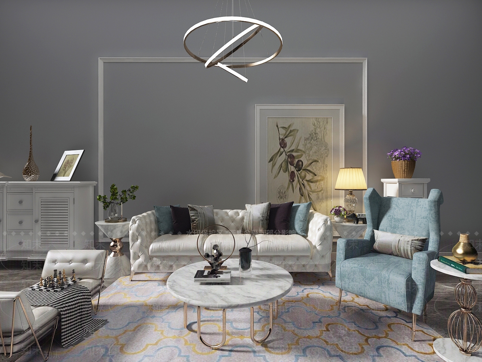 简欧风格沙发茶几组合3D模型下载【ID:380155353】