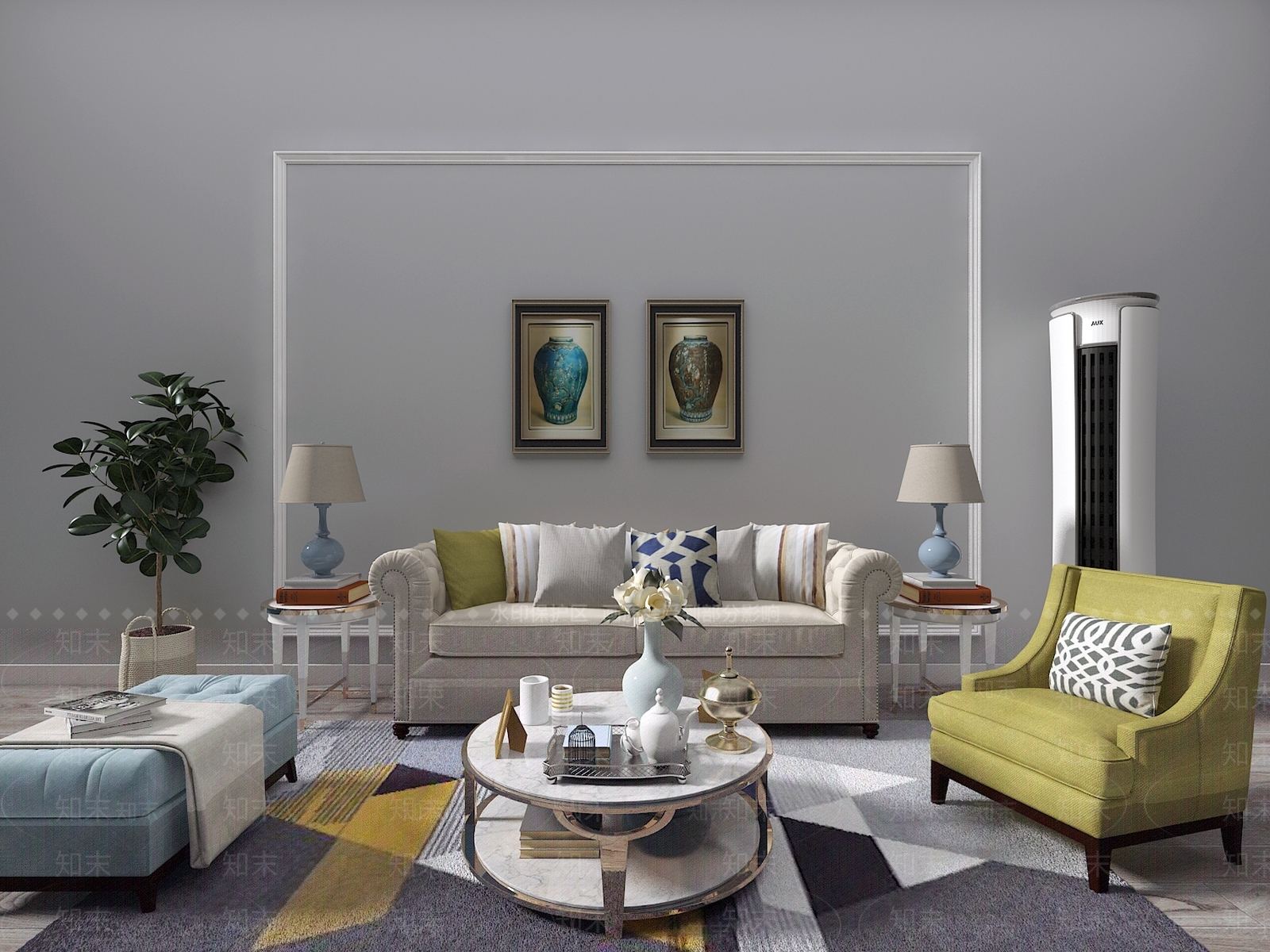 简欧风格沙发茶几3D模型下载【ID:380389317】