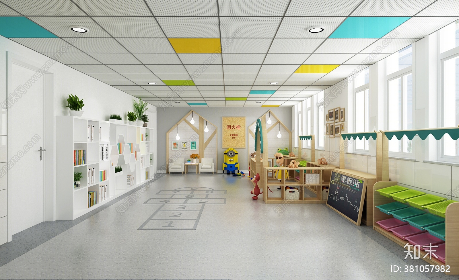 现代幼儿园走廊区角3d模型下载【id:381057982】