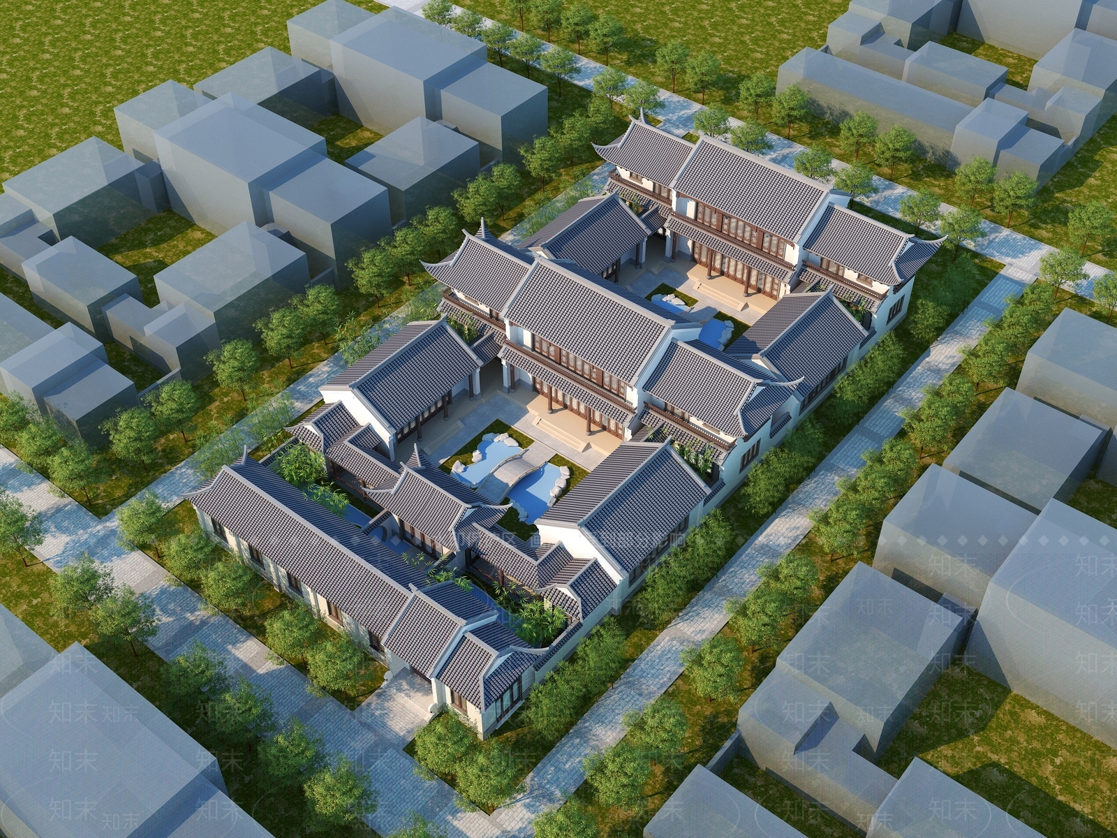 新中式四合院3D模型下载【ID:881100455】_知末3d模型网