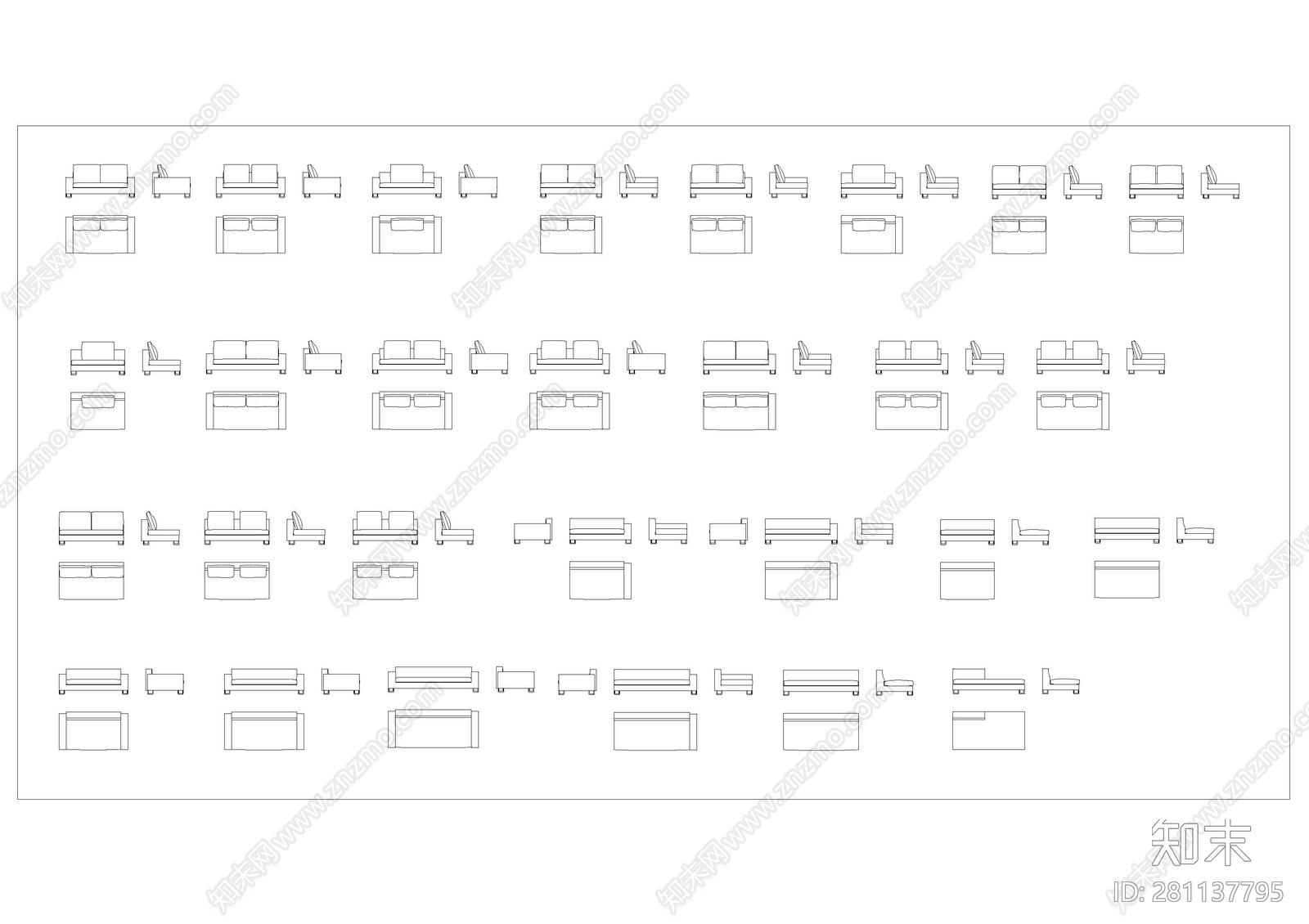 现代沙发图块cad施工图下载【ID:281137795】