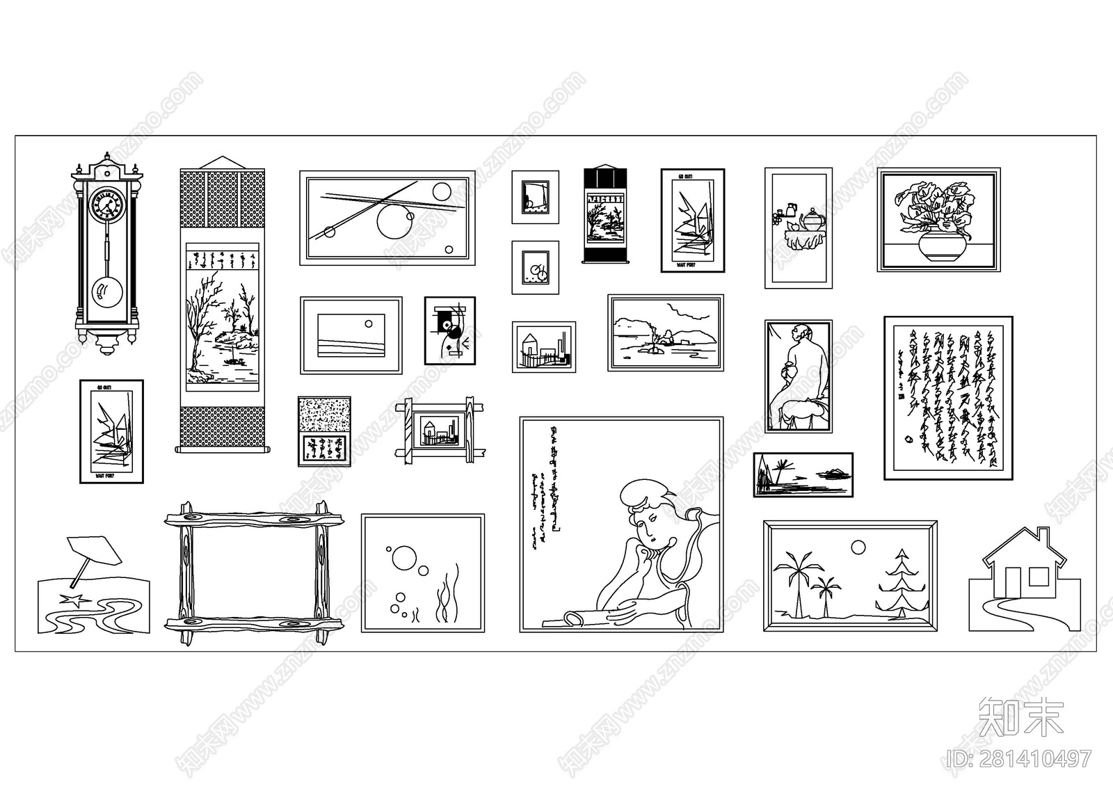 墙面装饰挂件图块施工图下载【ID:281410497】