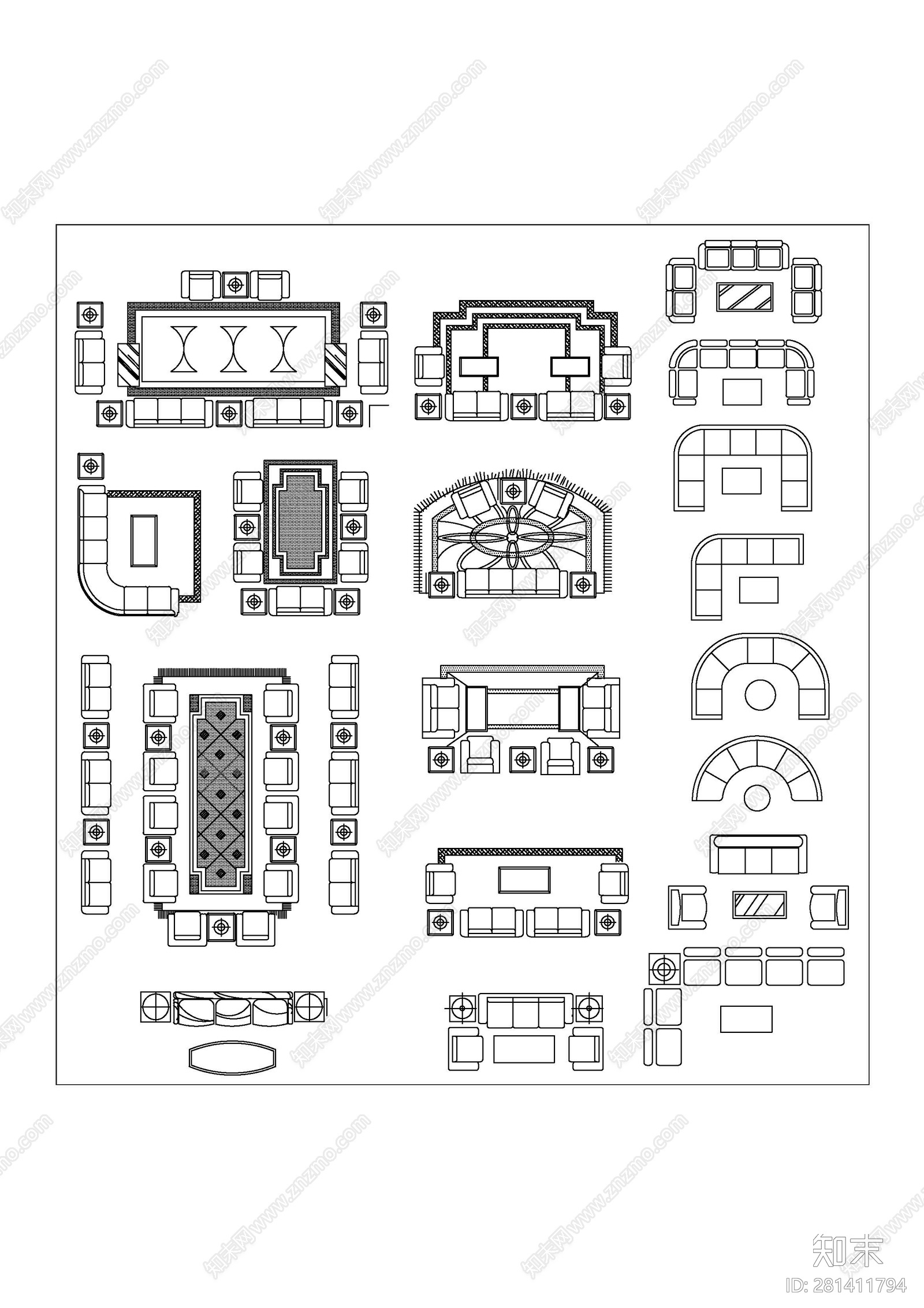酒店大堂常用沙发组合图块施工图下载【ID:281411794】