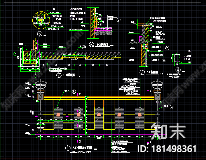 欧式对景花钵景墙大样图施工图下载【ID:181498361】