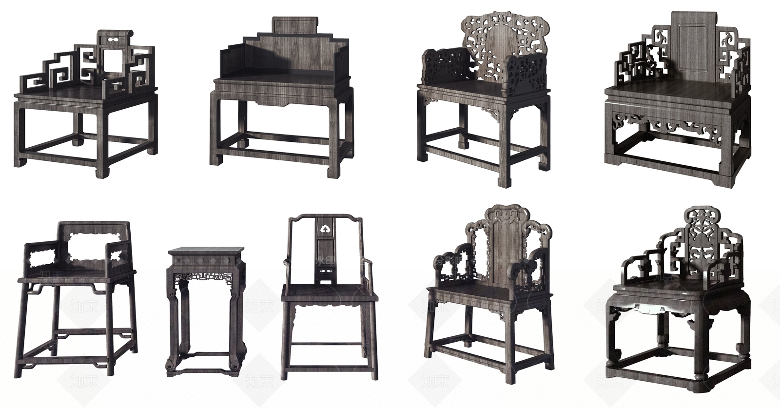 中式实木单椅组合3D模型下载【ID:381826528】