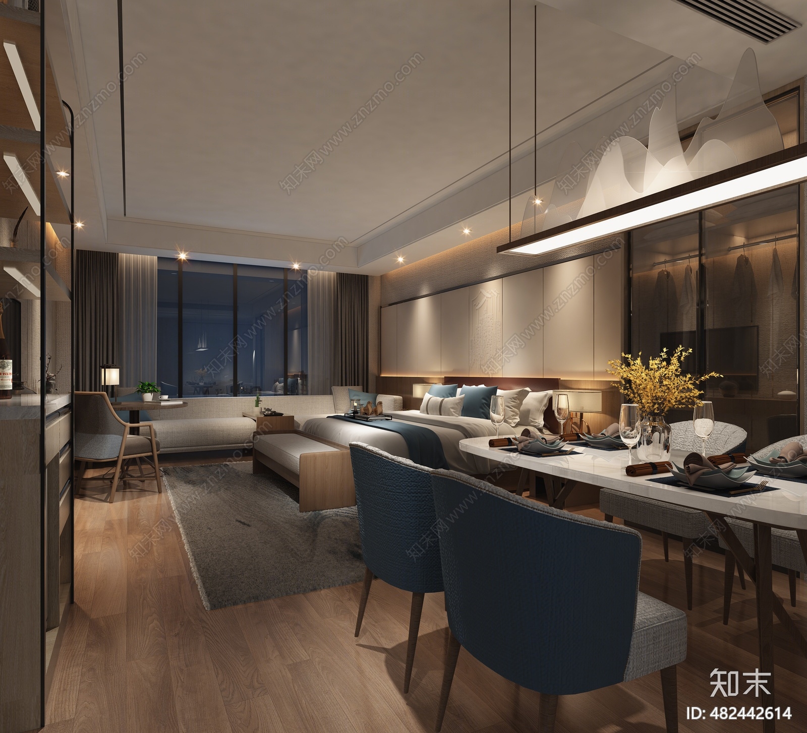 新中式酒店客房3D模型下载【ID:482442614】