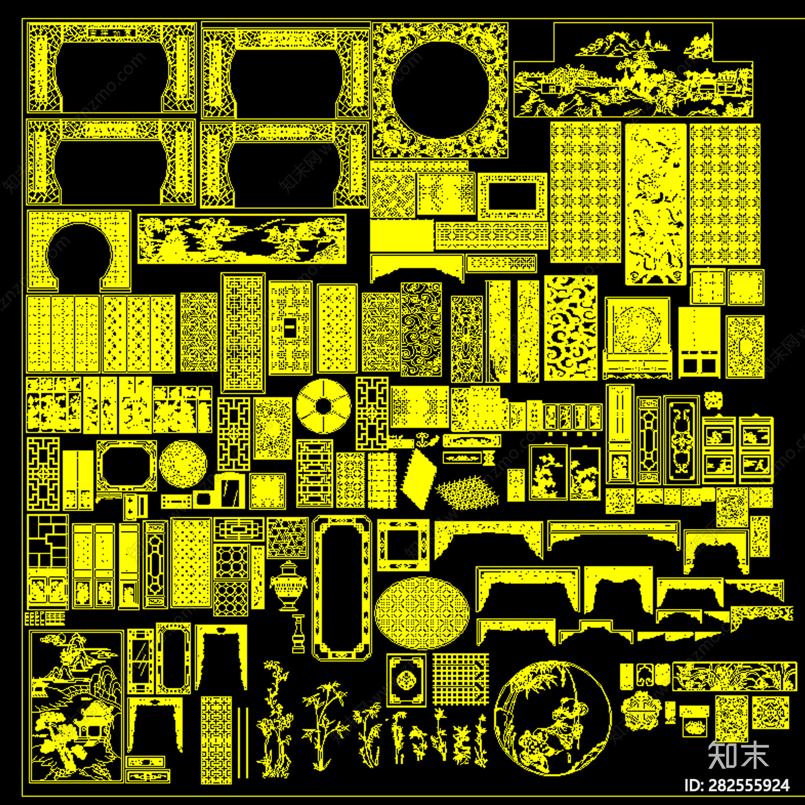 中式雕花屏风隔断CAD图块施工图下载【ID:282555924】