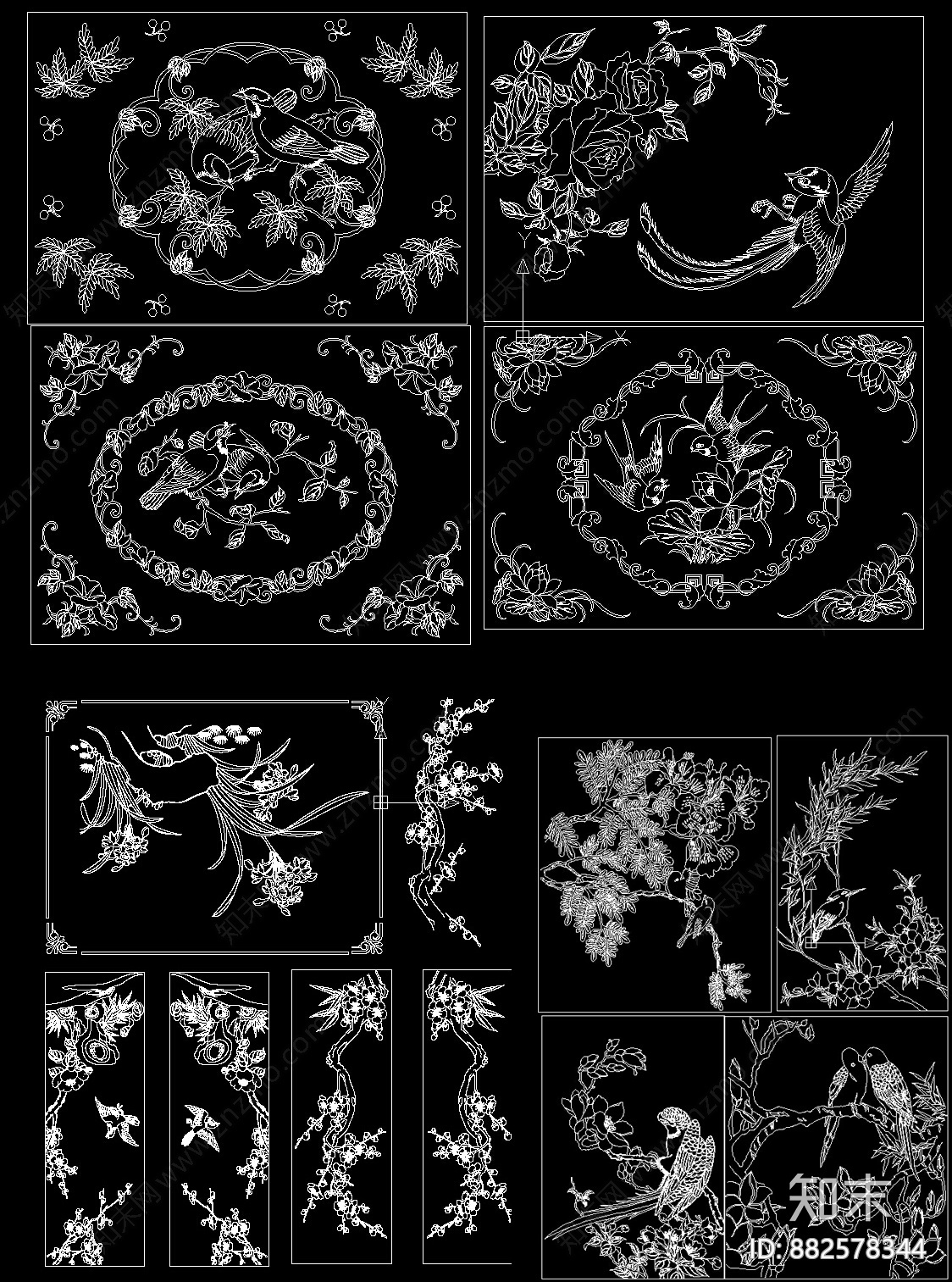 中式雕刻花鸟CAD图案施工图下载【ID:882578344】