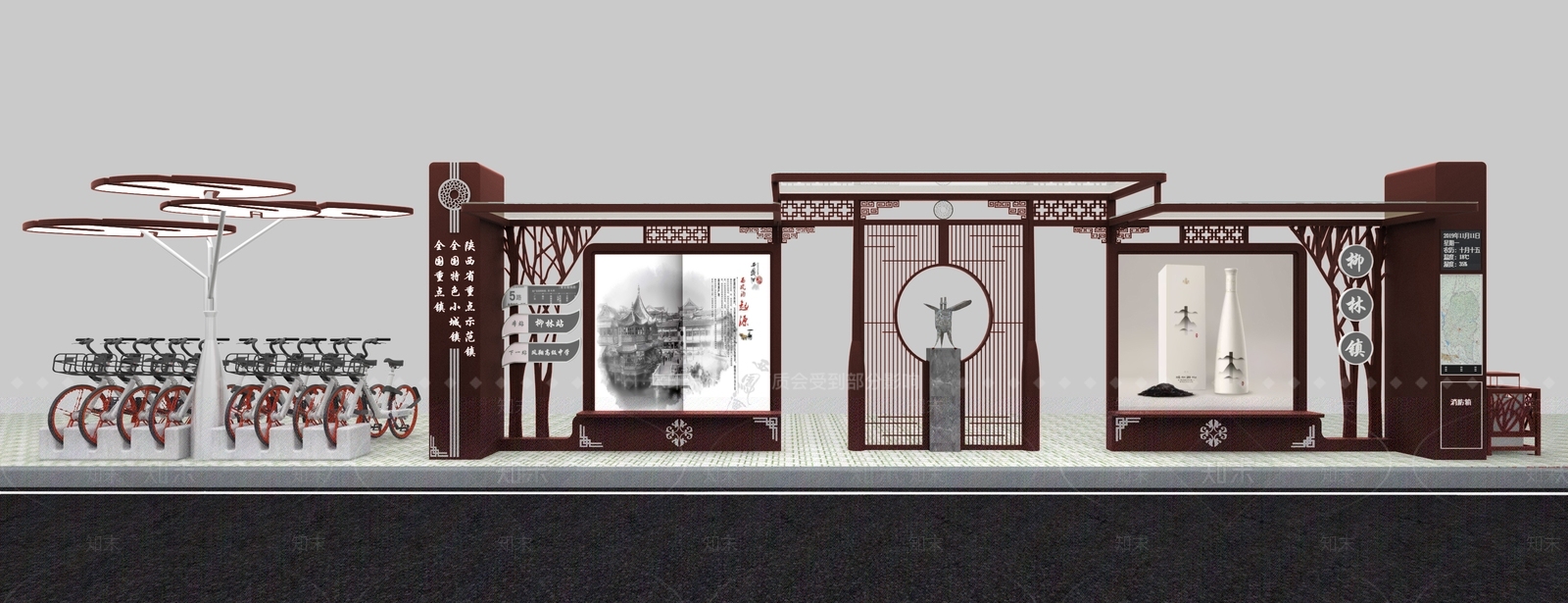 新中式风格公交站台SU模型下载【ID:182647901】