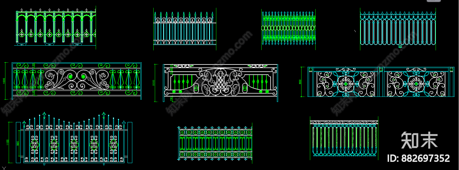 铁艺栏杆图块cad施工图下载【ID:882697352】