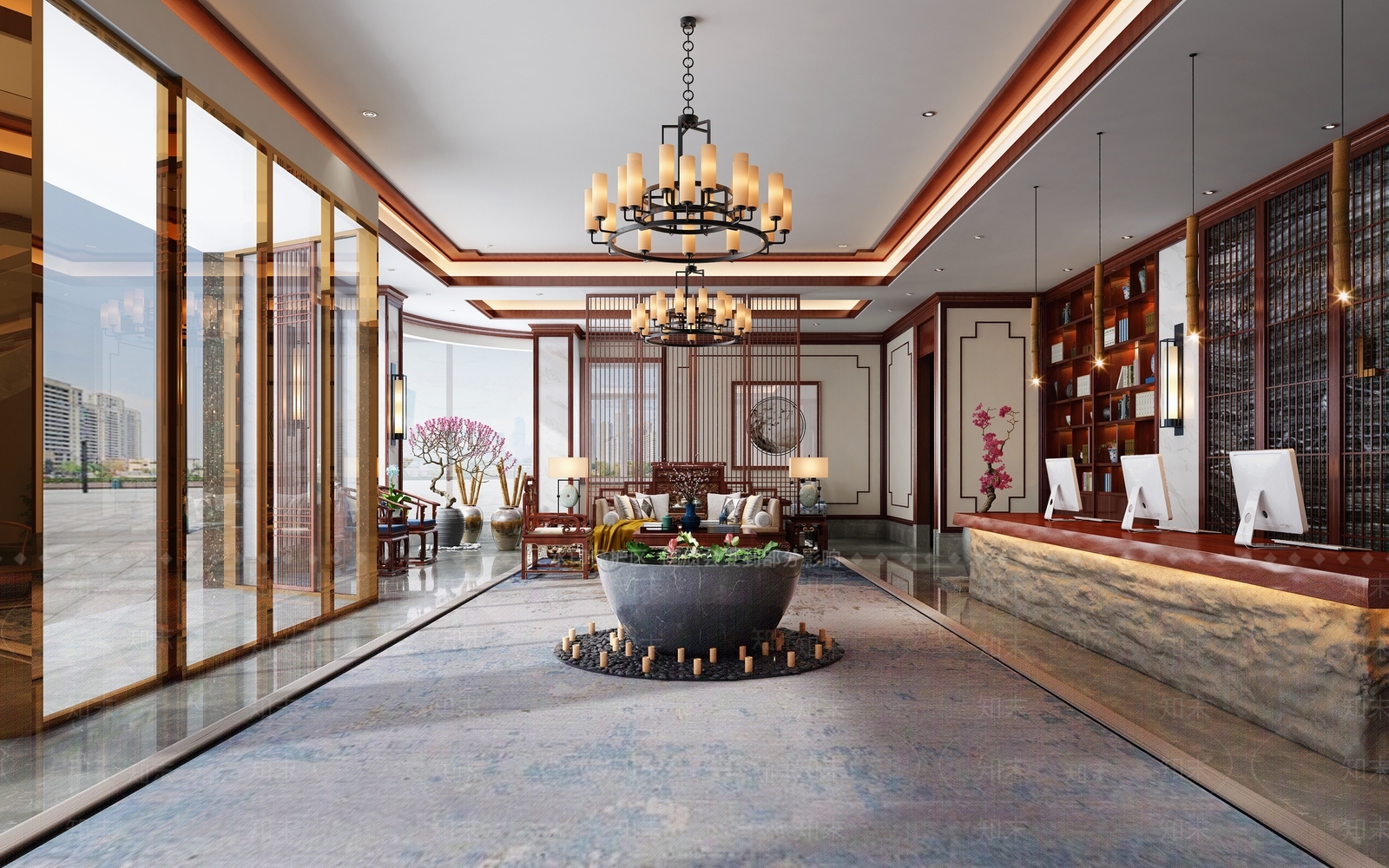 新中式酒店大堂3d模型下载【id:482823234】