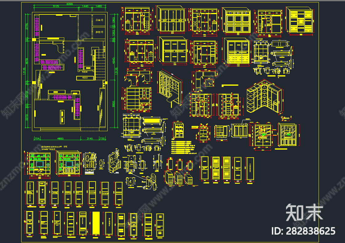 全屋家具衣柜三维cad拆解图施工图下载【ID:282838625】