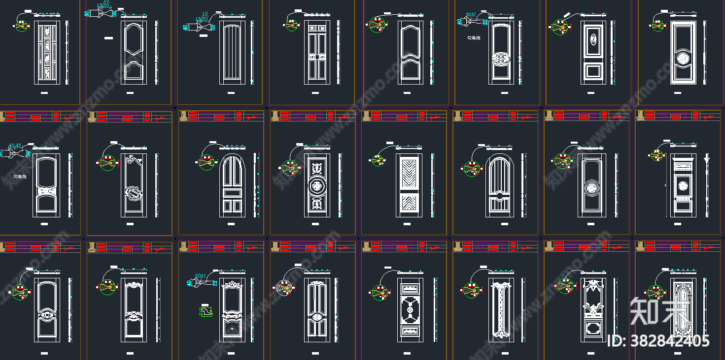 雕花房门木门CAD图集施工图下载【ID:382842405】