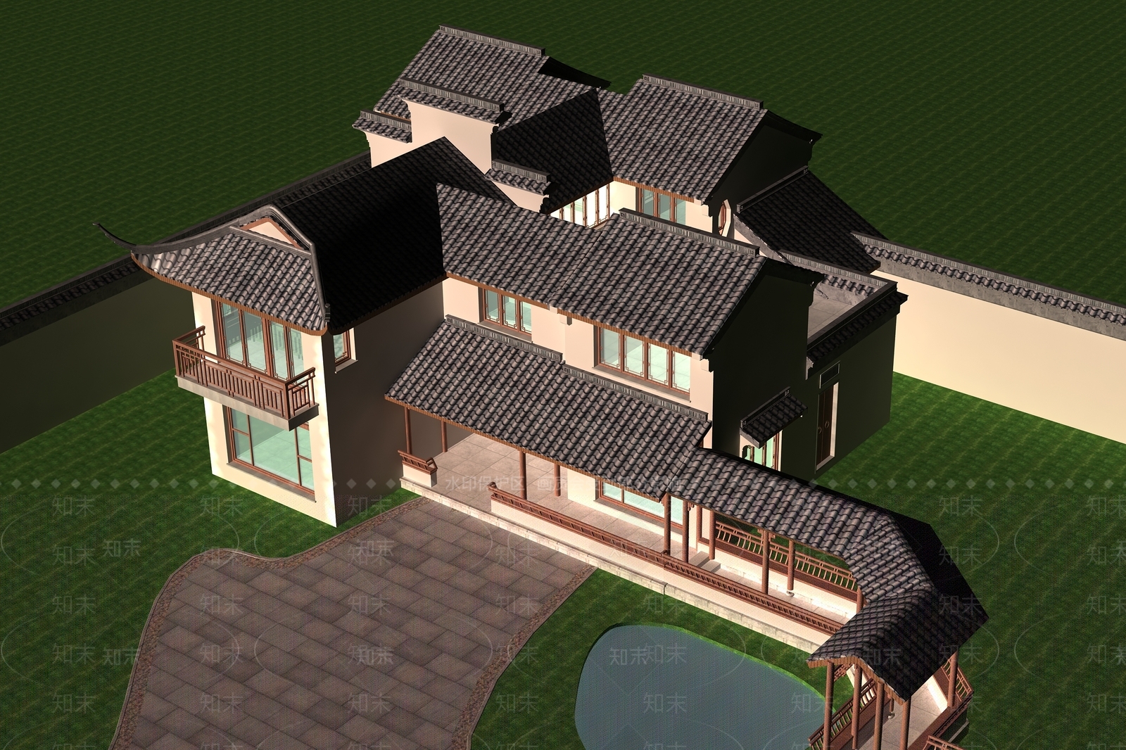 中式别墅外观3D模型下载【ID:583113647】