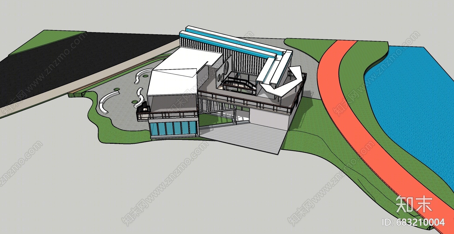 现代滨水景观SU模型下载【ID:683210004】