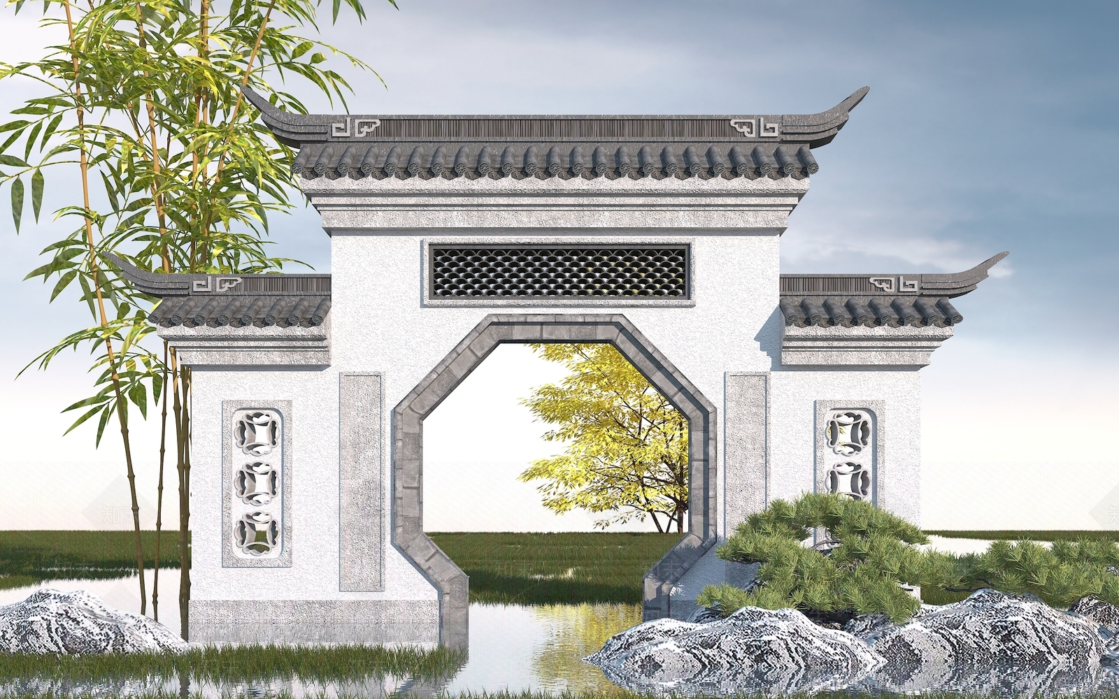 中式园林景观大门3D模型下载【ID:883453423】