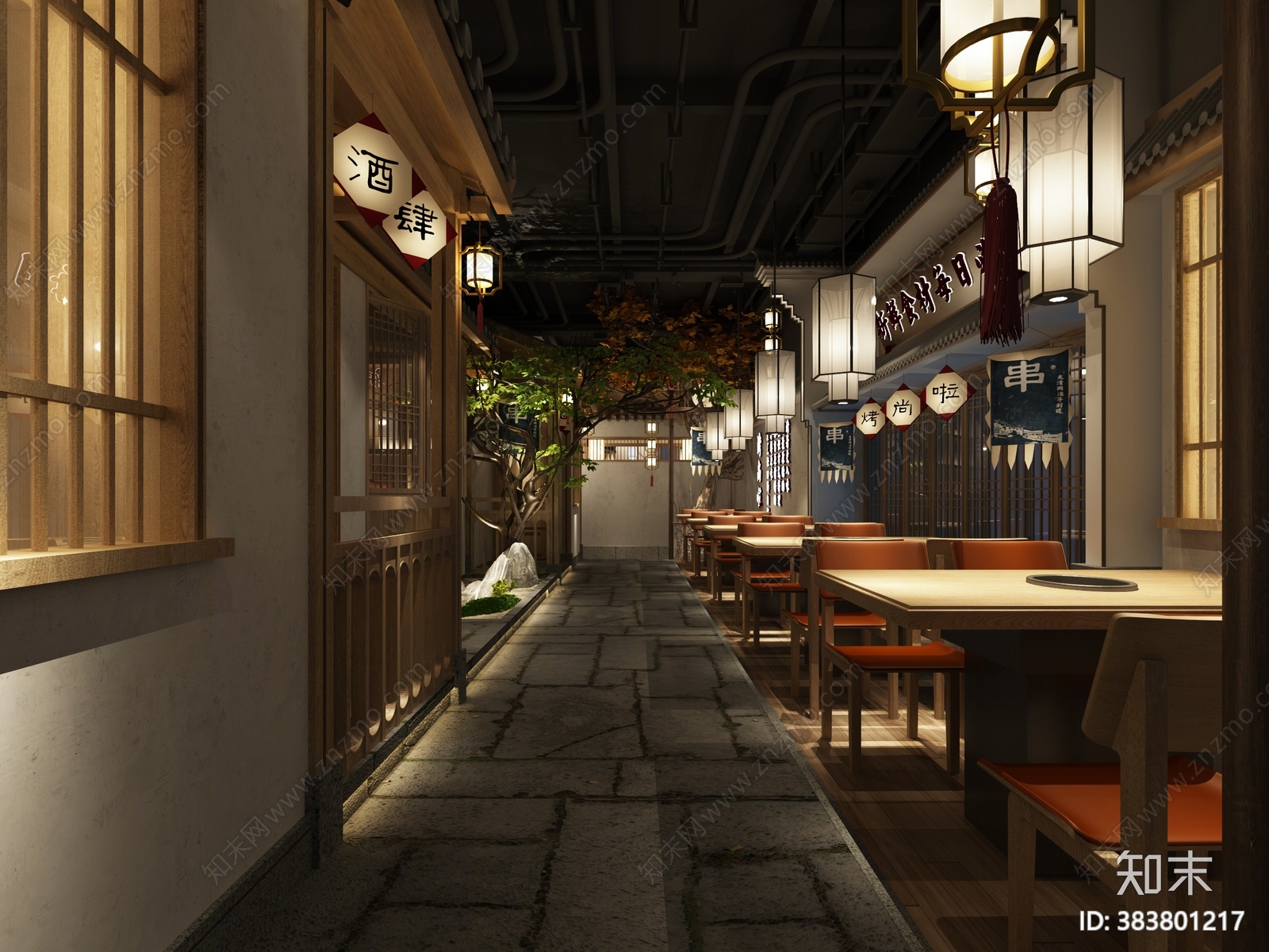 中式餐饮火锅店3D模型下载【ID:383801217】