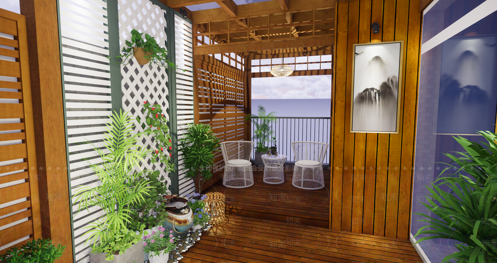 新中式风格露台SU模型下载【ID:584146413】