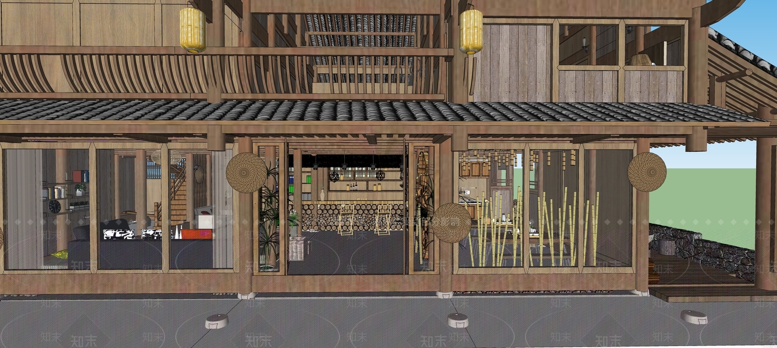 新中式风格民宿SU模型下载【ID:584166454】
